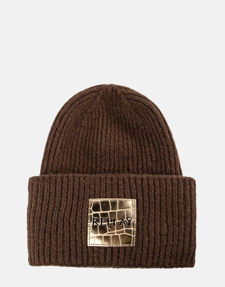 Replay Gold Patch Knit Brown Beanie