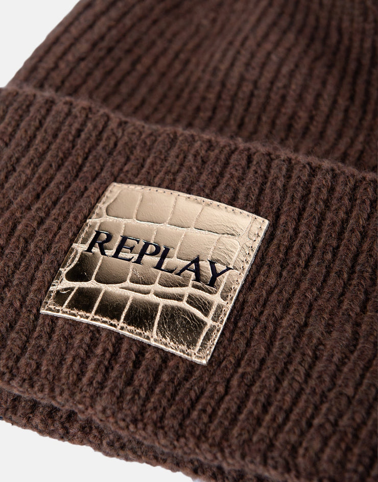 Replay Gold Patch Knit Brown Beanie