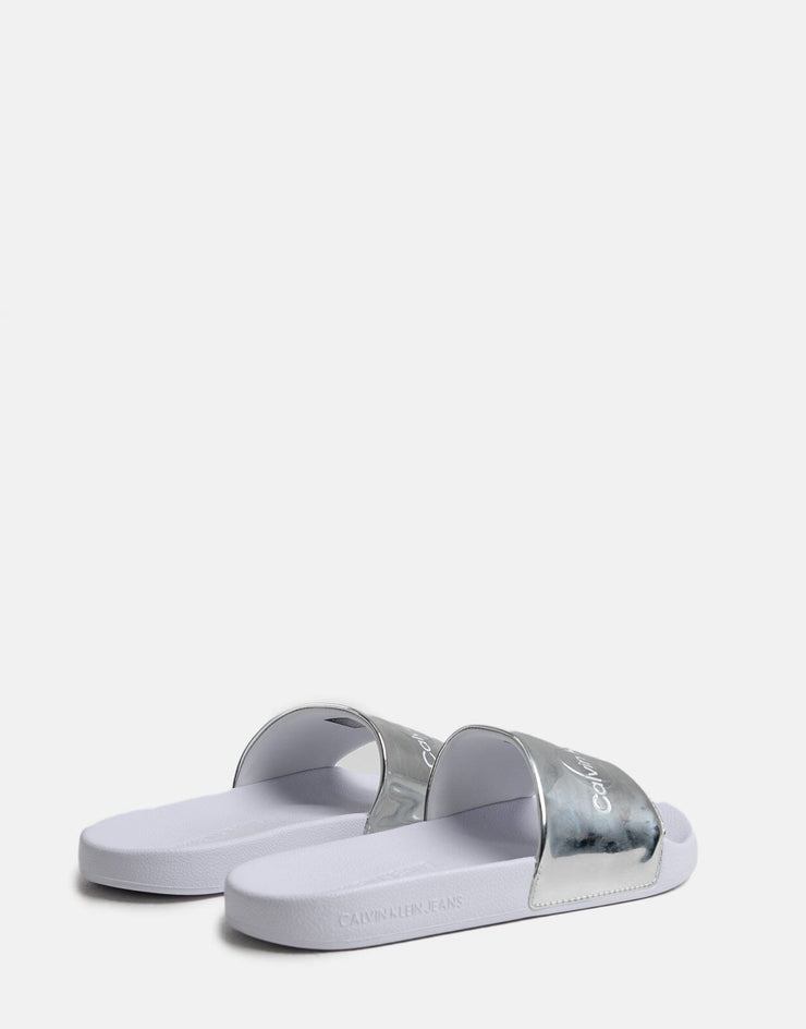 Calvin Klein Metallic Monologo Silver Slides